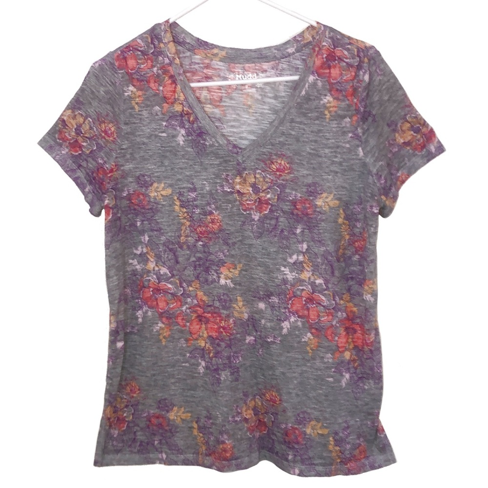Mudd Roadtrip Tee Shirt Womens M Medium Gray Floral Short Sleeve V Neck